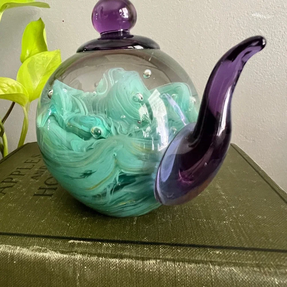 Art Glass Teapot Paperweight Teal Swirl Purple Spout Controlled Bubble Decor